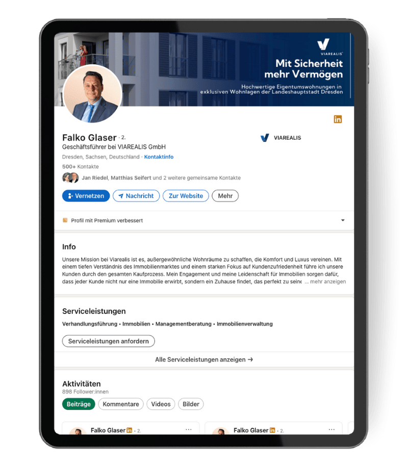 LinkedIn-Profil von Falko Glaser, Geschäftsführer der VIAREALIS GmbH in Dresden, spezialisiert auf hochwertige Eigentumswohnungen in exklusiven Lagen.