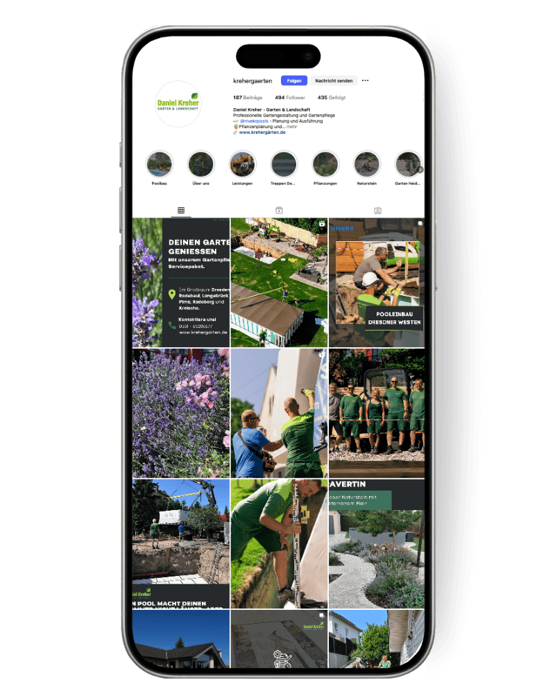 Mockup eines Smartphones mit dem Instagram-Account von Kreher Garten & Landschaft als Referenzbeispiel für Social-Media-Betreuung.