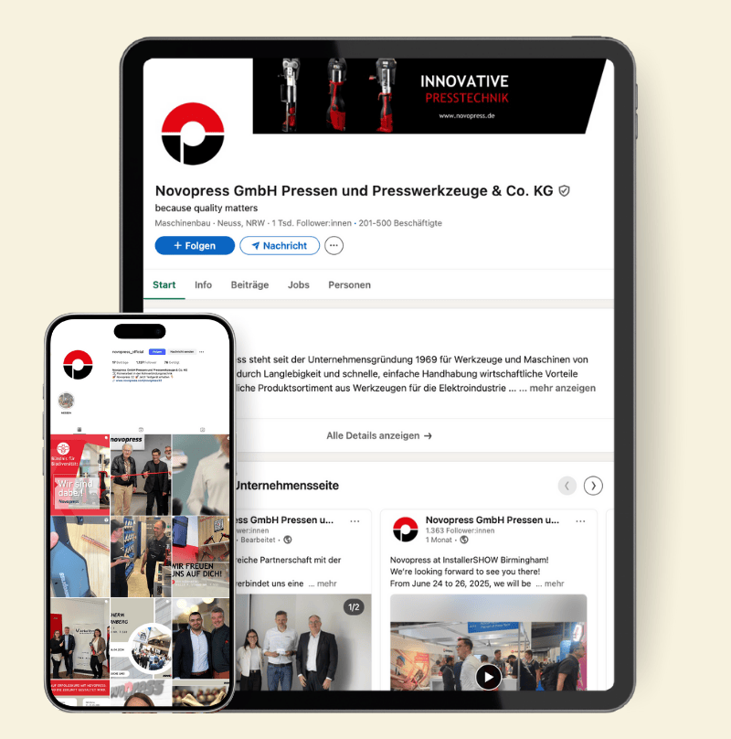 Darstellung der LinkedIn- und Instagram-Betreuung für Novopress GmbH durch die Darkhunt Agency.