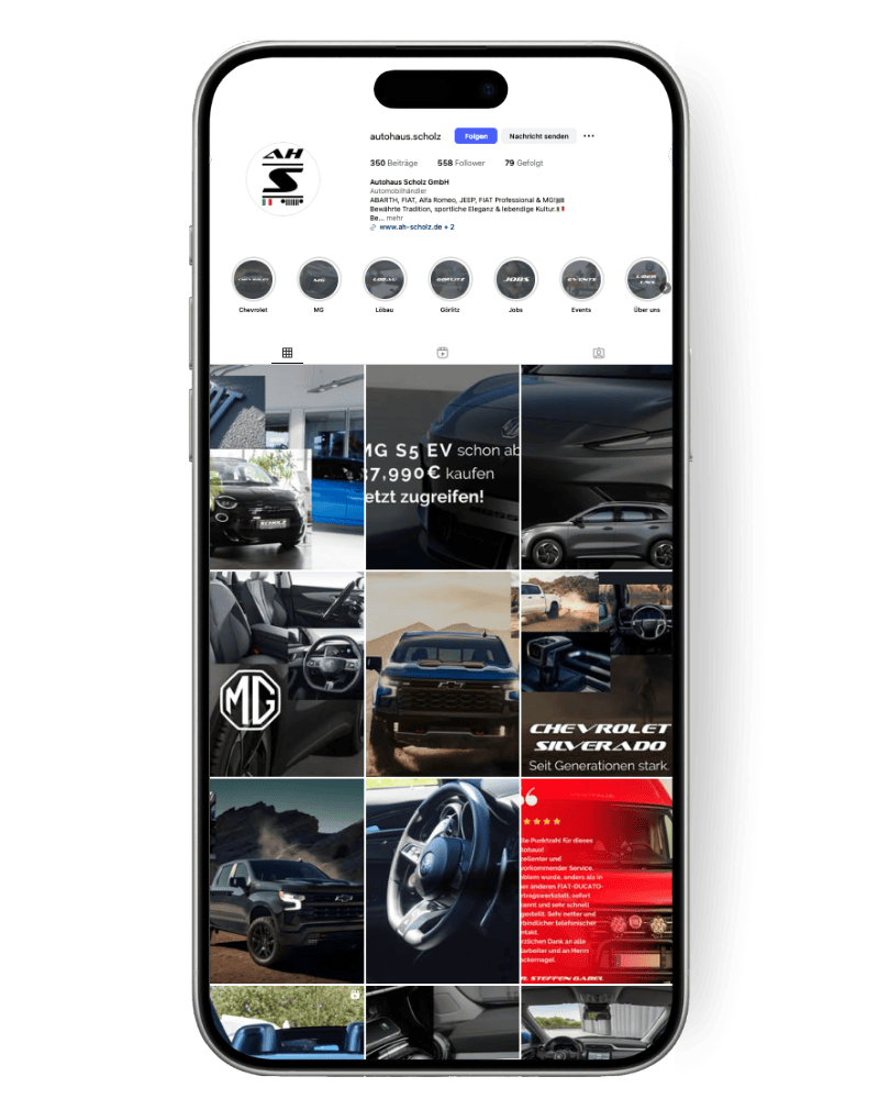 Mockup eines Smartphones mit dem Instagram-Account von Autohaus Scholz als Referenzbeispiel für Social-Media-Betreuung.