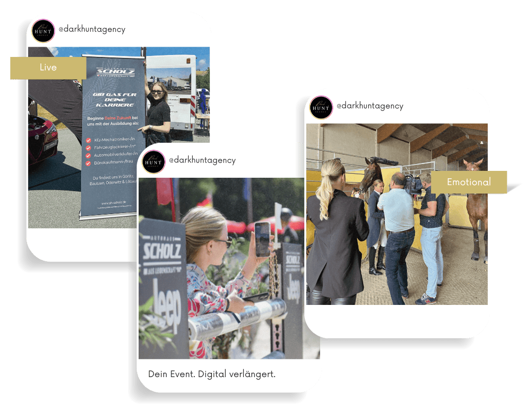 Darkhunt Agency begleitet Events von Unternehmen wie Autohaus Scholz und Reitsportveranstaltungen live und emotional auf Social Media.