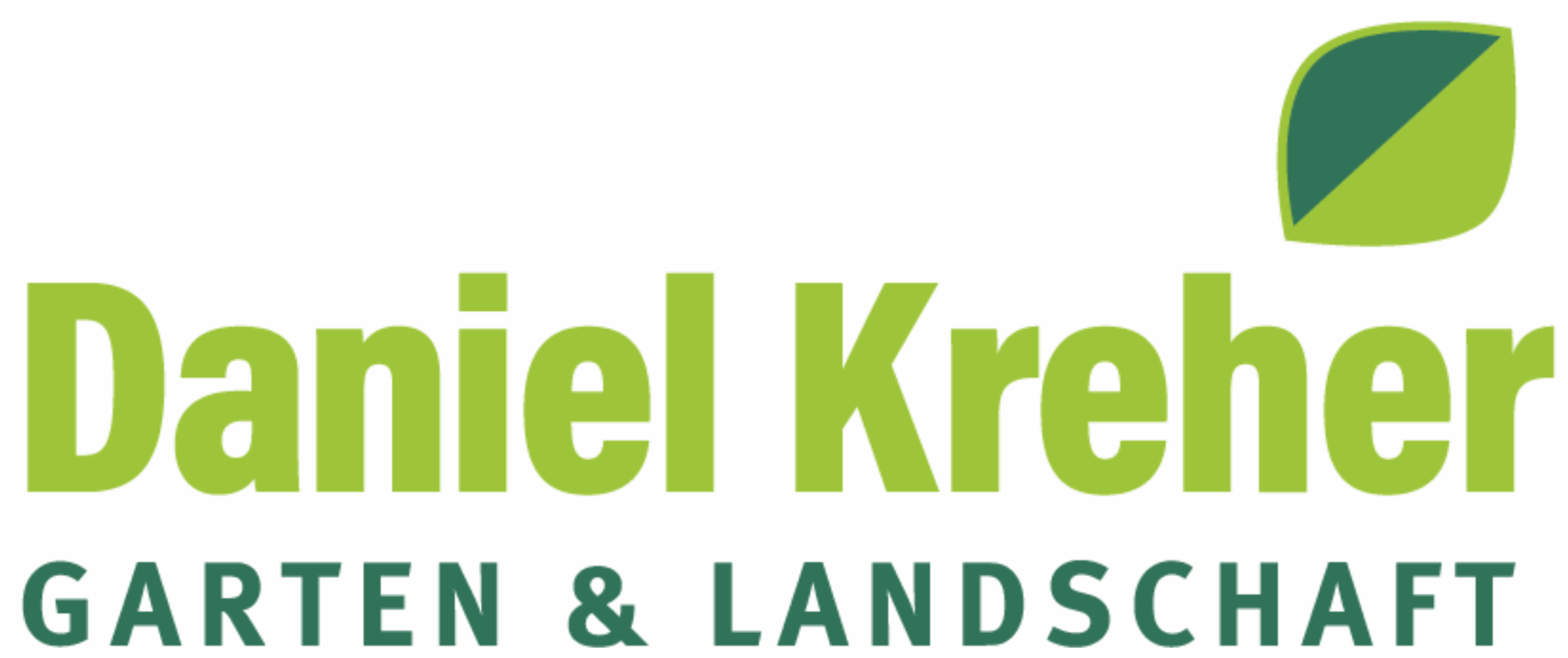 Logo von Daniel Kreher Garten & Landschaft mit grünem Schriftzug und stilisiertem Blatt-Symbol.